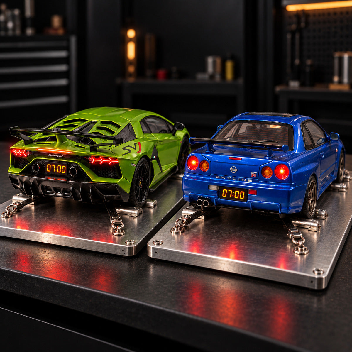 2 supercar alarm clocks side by side on their steel bases