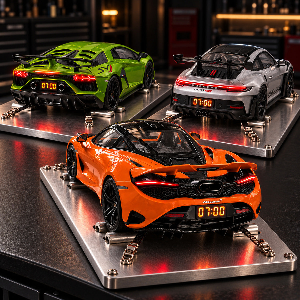 3 supercar alarm clocks side by side on their steel bases