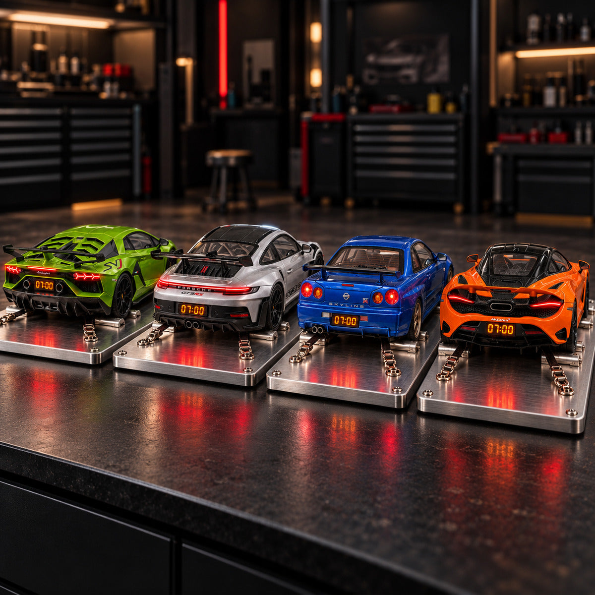 4 supercar alarm clocks side by side on their steel bases