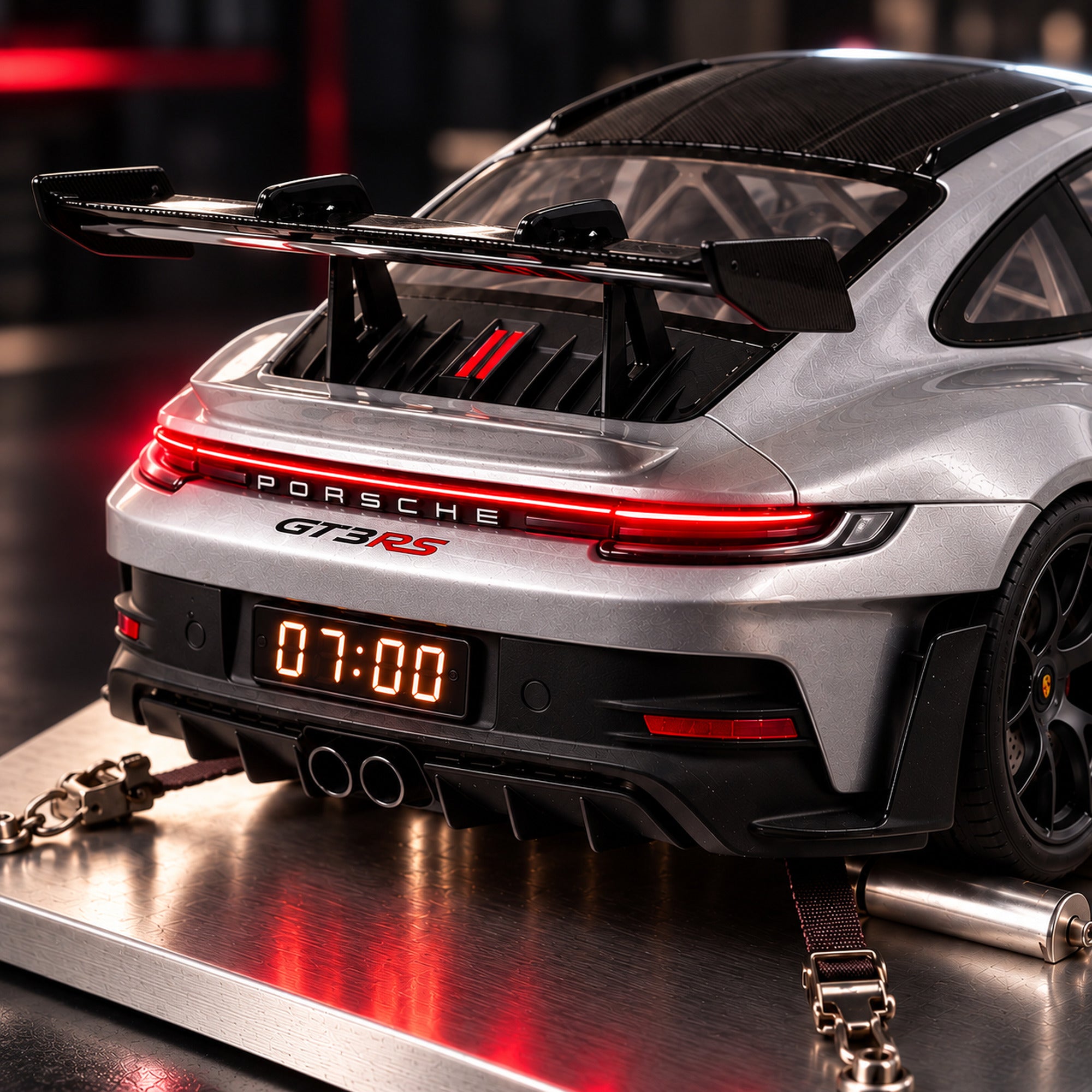 Close-up of the Porsche 911 GT3 RS's taillights glowing