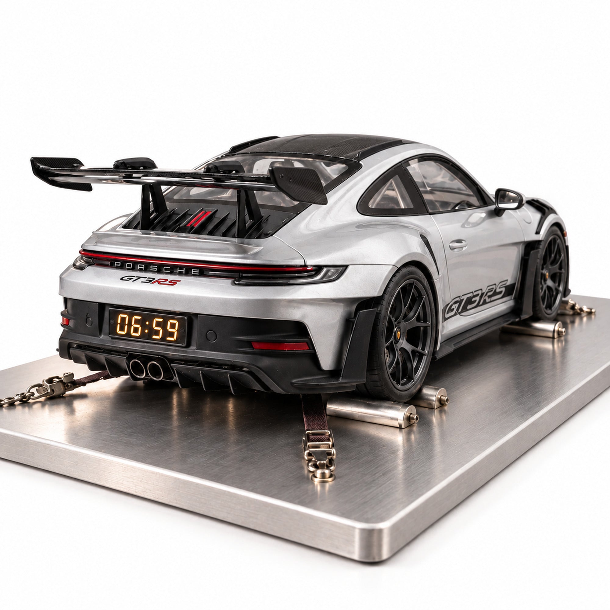 Porsche 911 GT3 RS supercar alarm clock in silver, lights off at 06:59