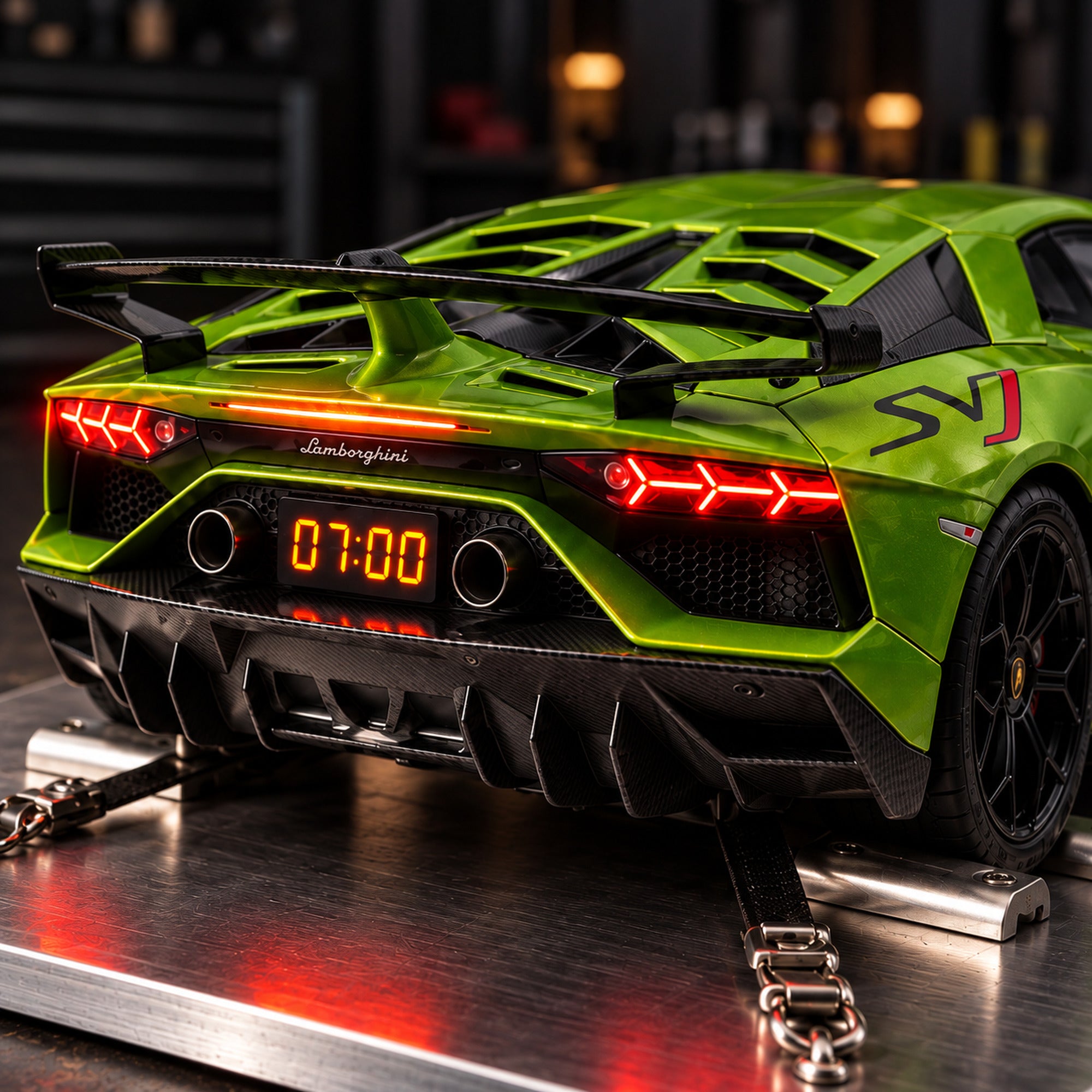 Close-up of the Lamborghini Aventador SVJ's taillights glowing