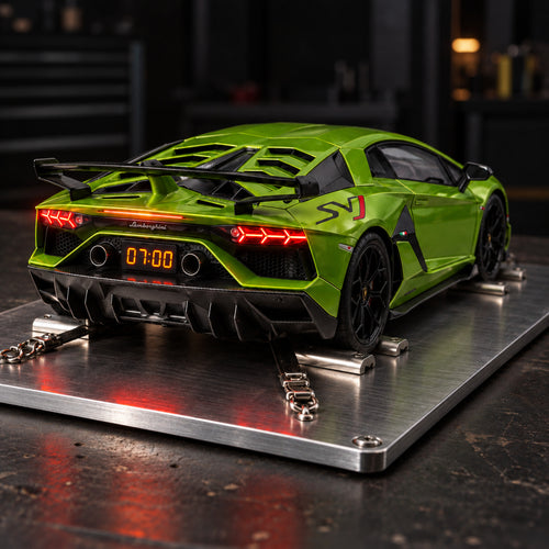 Lamborghini Aventador SVJ supercar alarm clock with its taillights glowing at 07:00