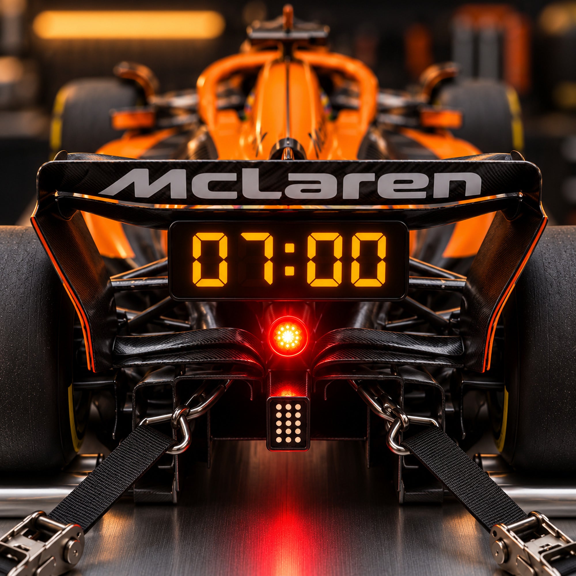 Close-up of the rear-wing display reading 07:00