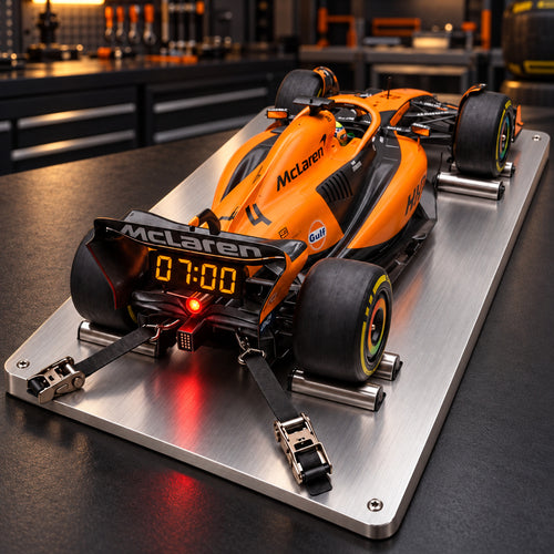 MCL40 F1 car alarm clock with its rear light glowing at 07:00