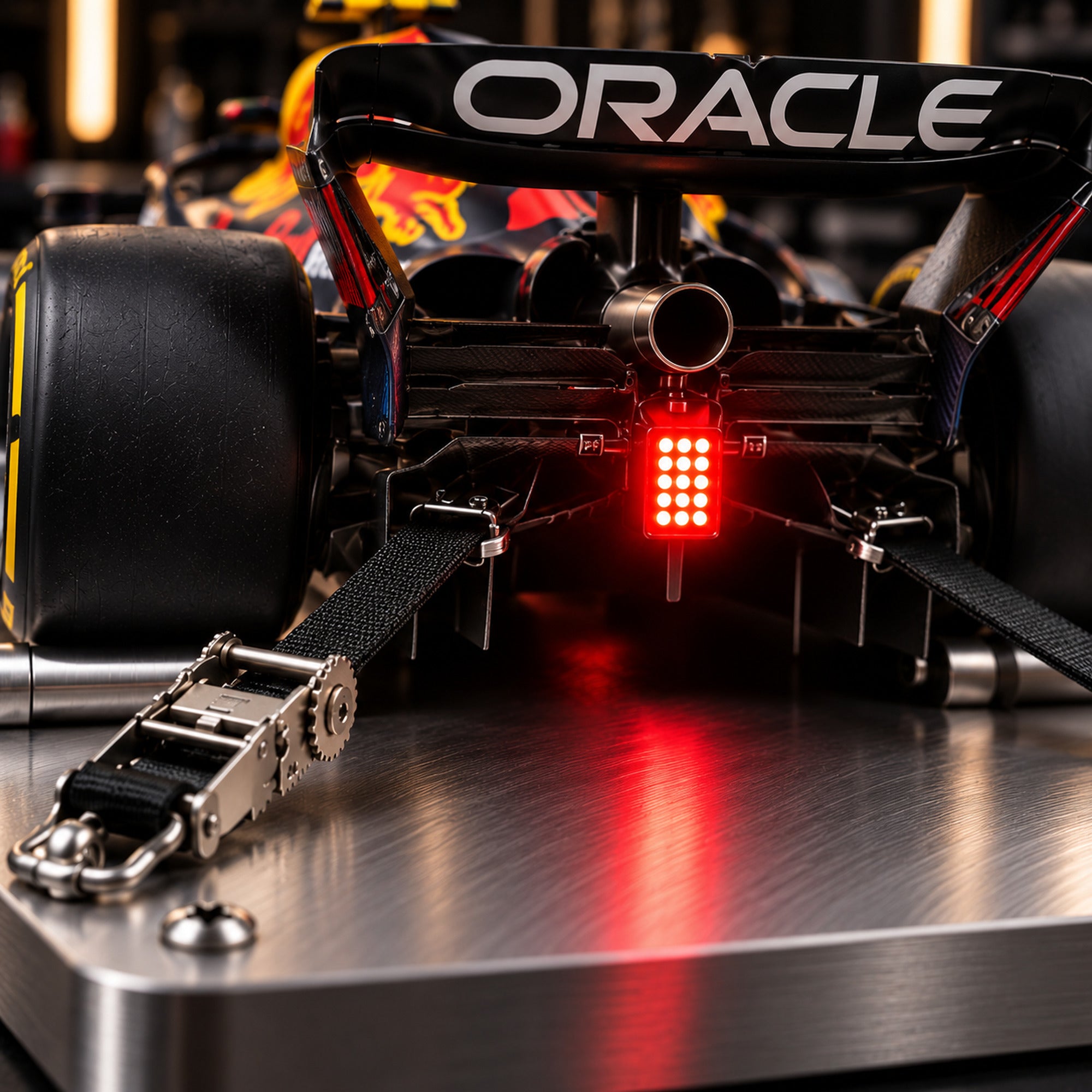 Close-up of the RB22's rear light glowing