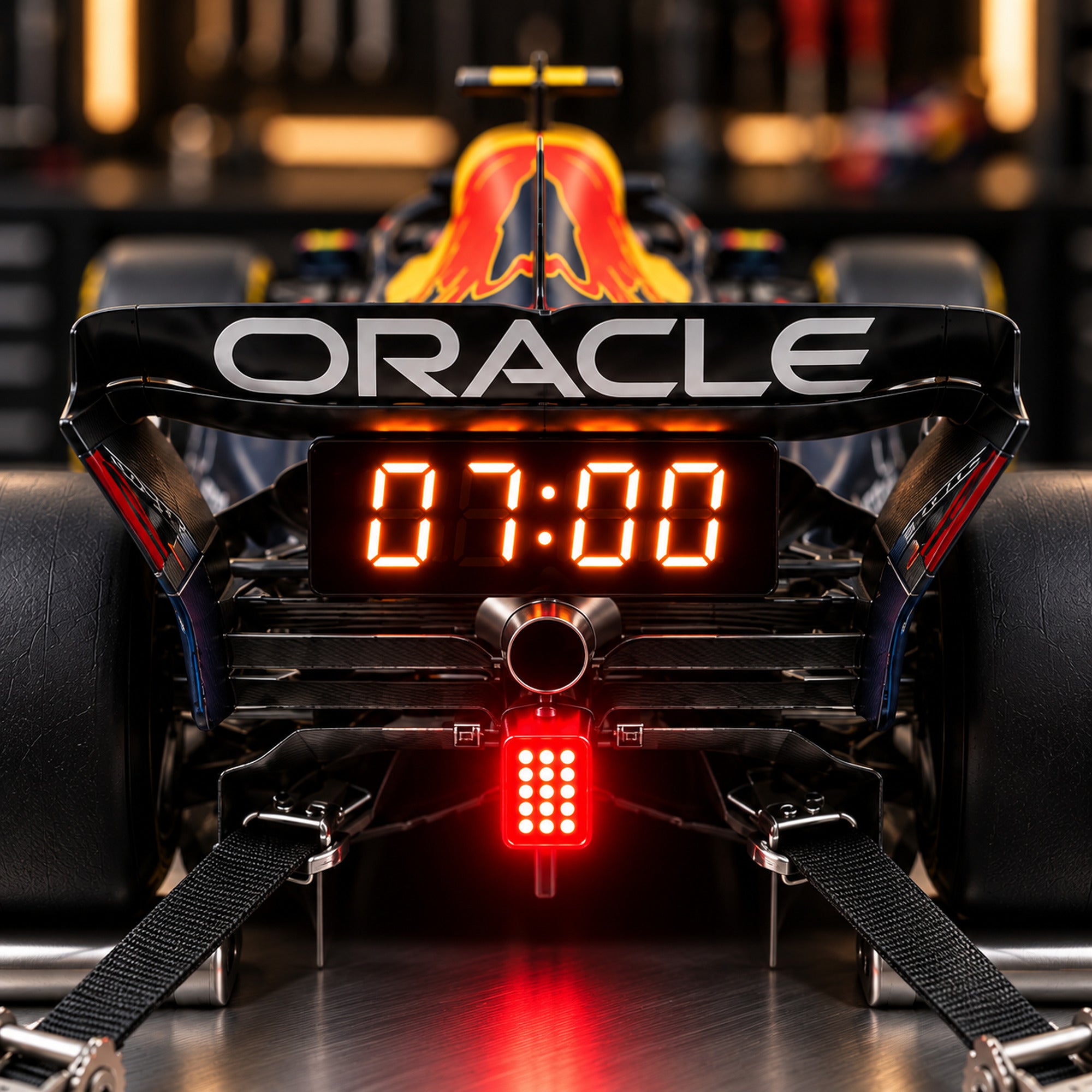 Close-up of the rear-wing display reading 07:00