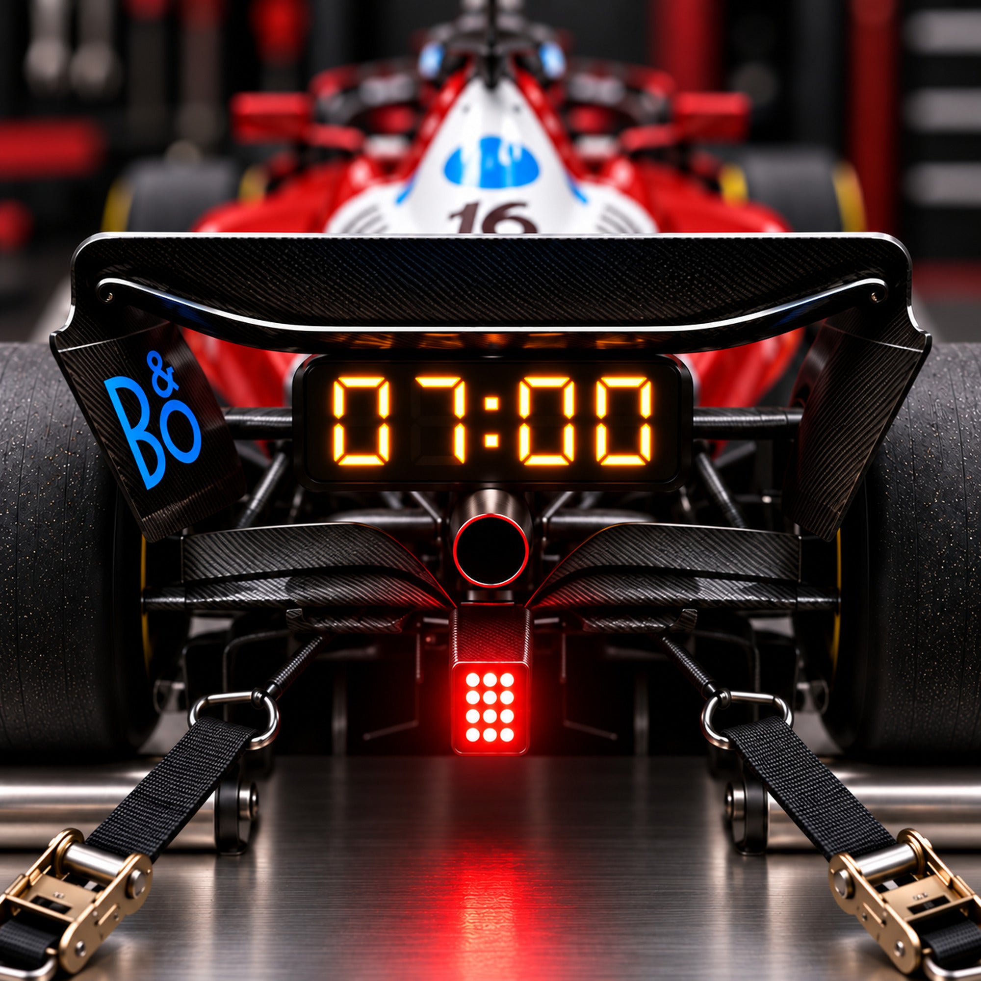 Close-up of the rear-wing display reading 07:00