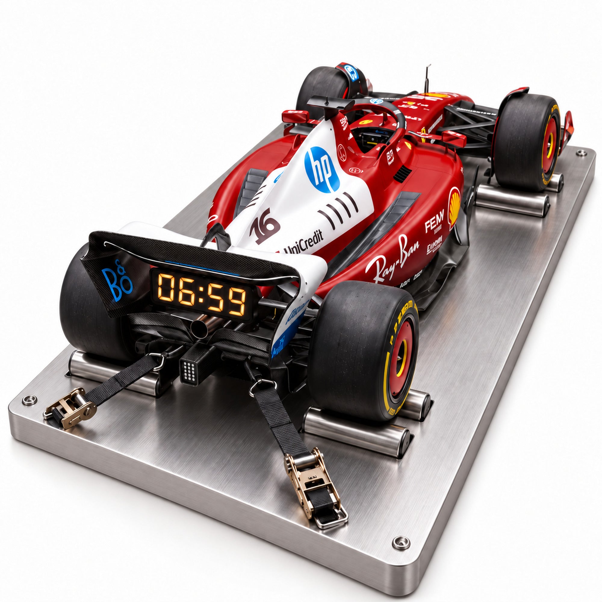 SF-26 supercar alarm clock in red & white, lights off at 06:59