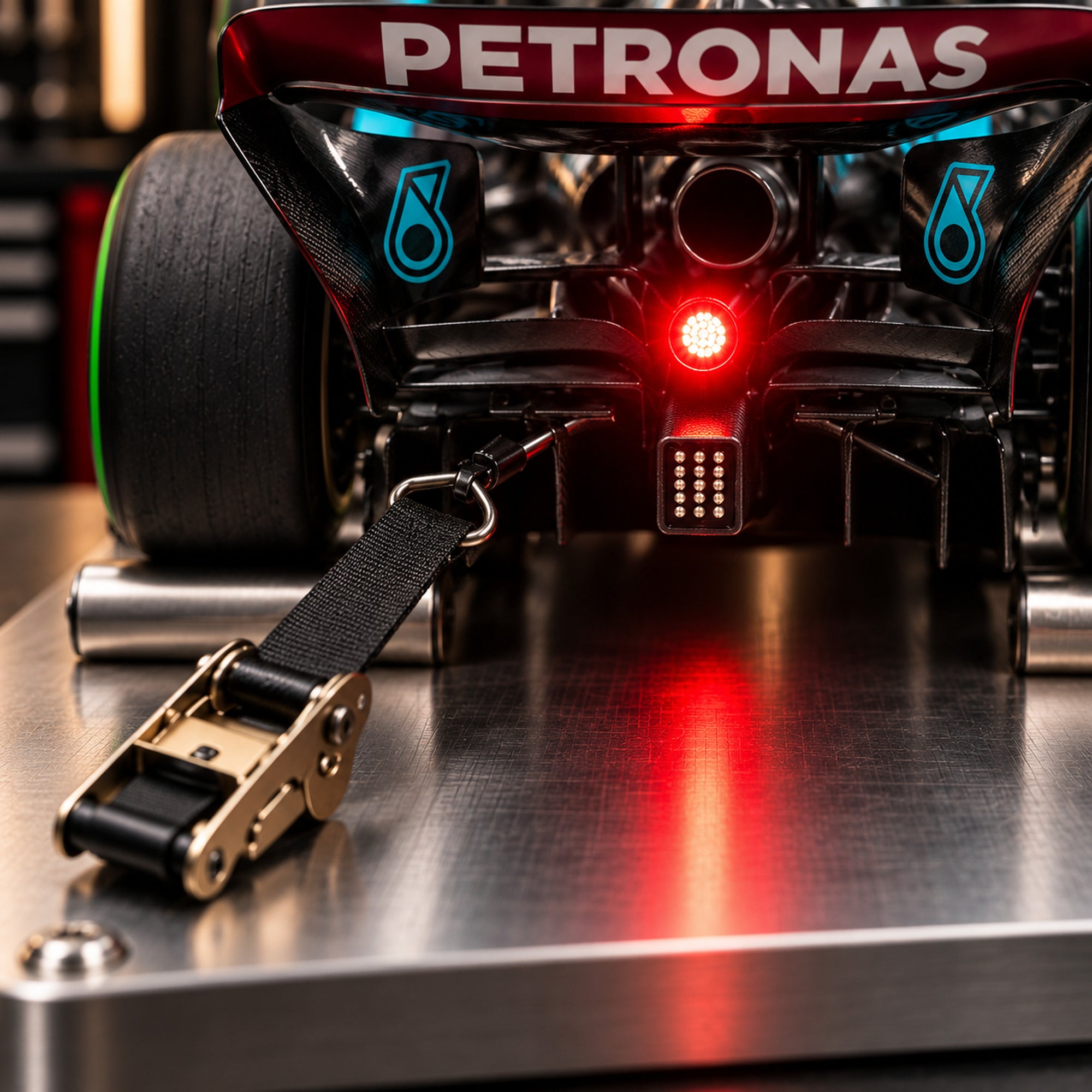 Close-up of the W17's rear light glowing
