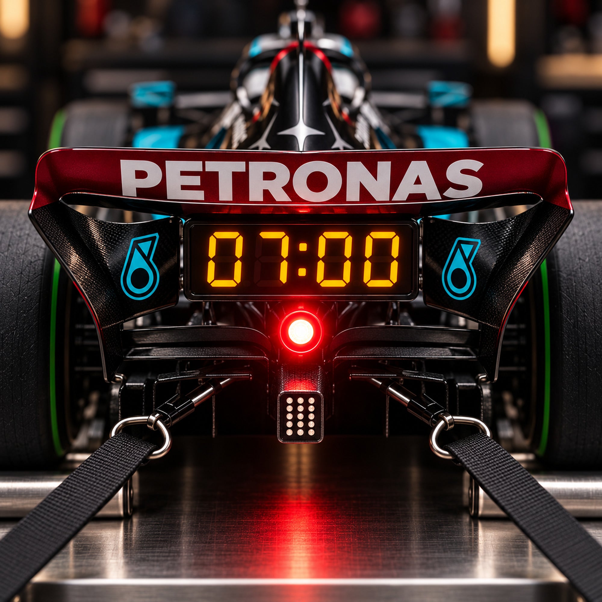 Close-up of the rear-wing display reading 07:00