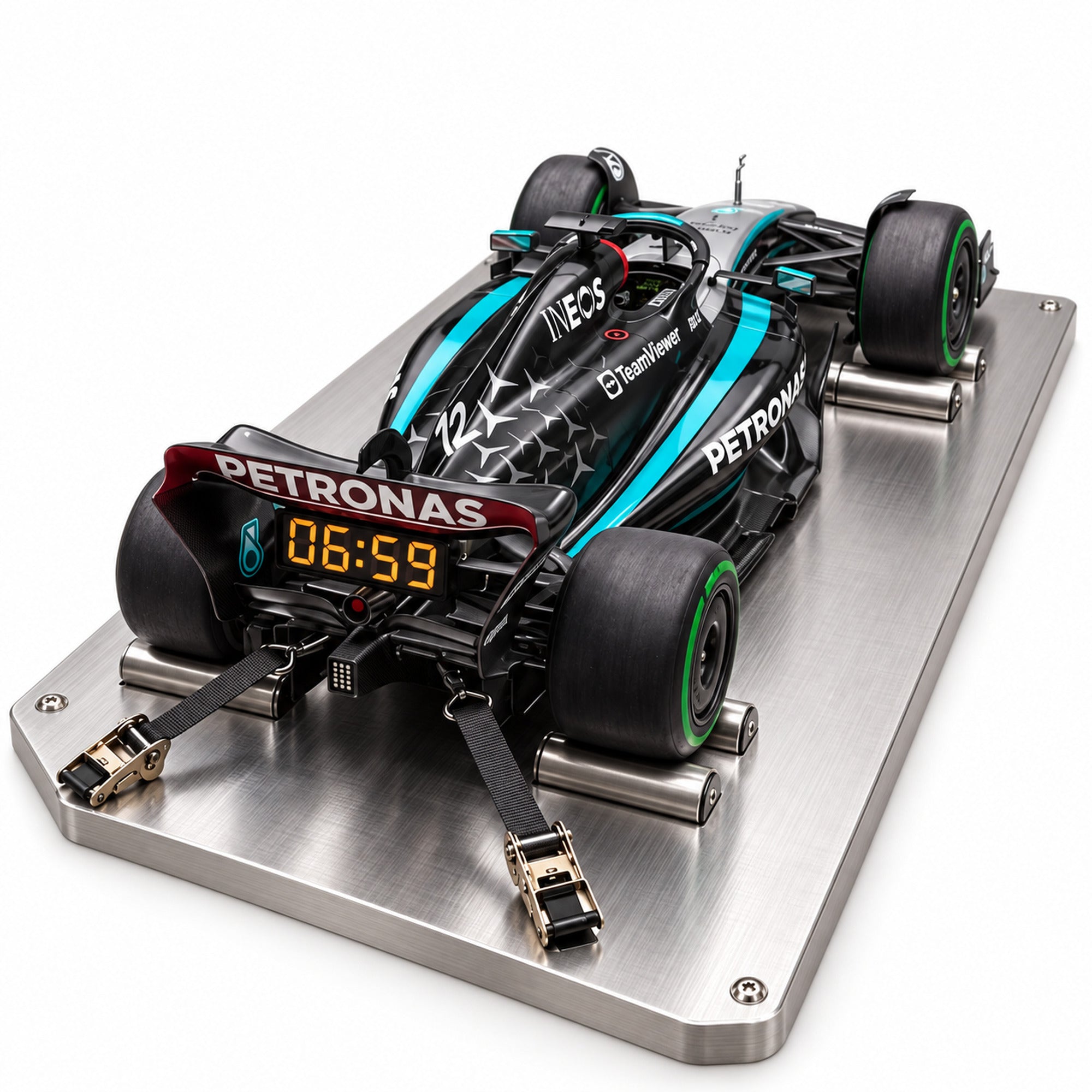 W17 supercar alarm clock in black & teal, lights off at 06:59