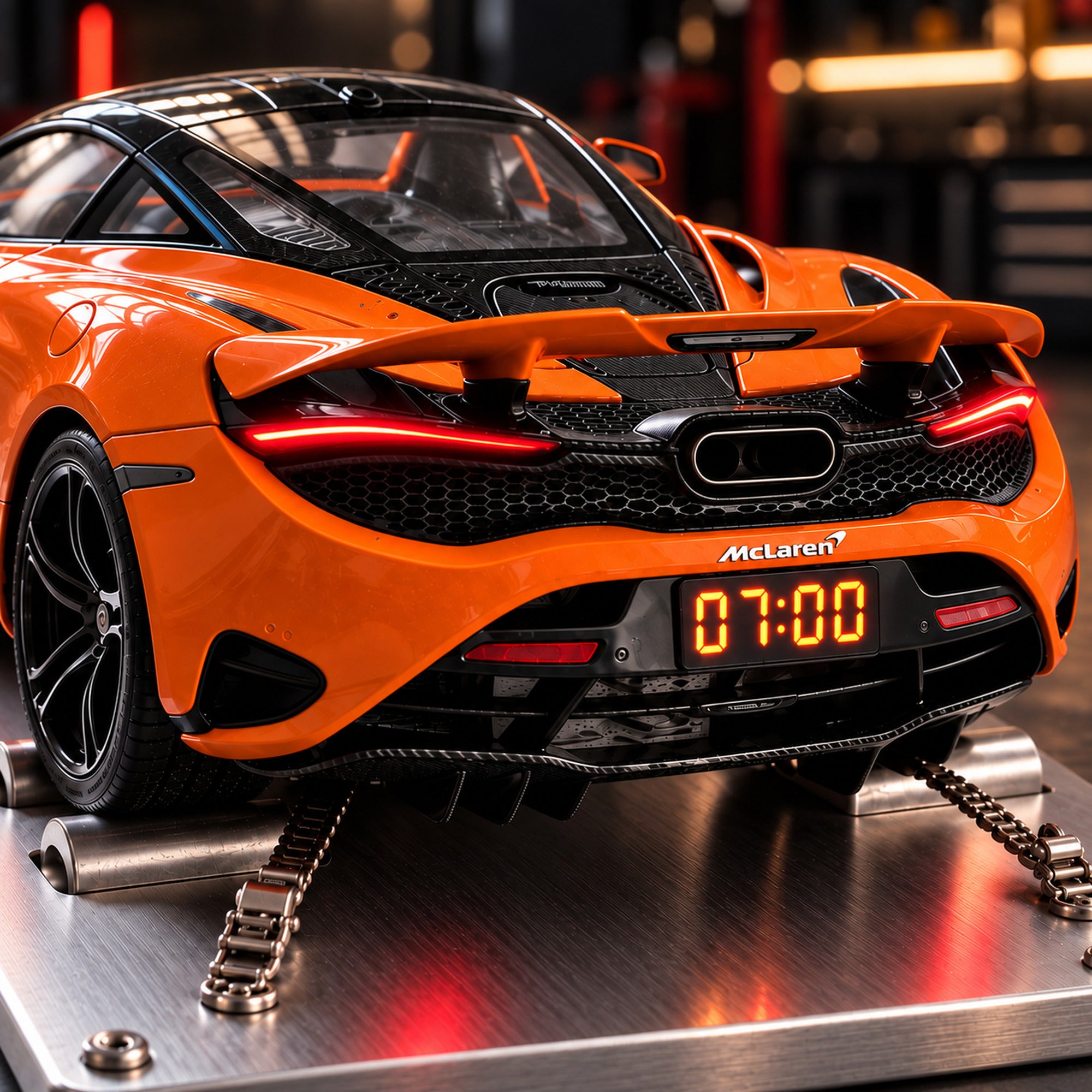 Close-up of the McLaren 750S's taillights glowing