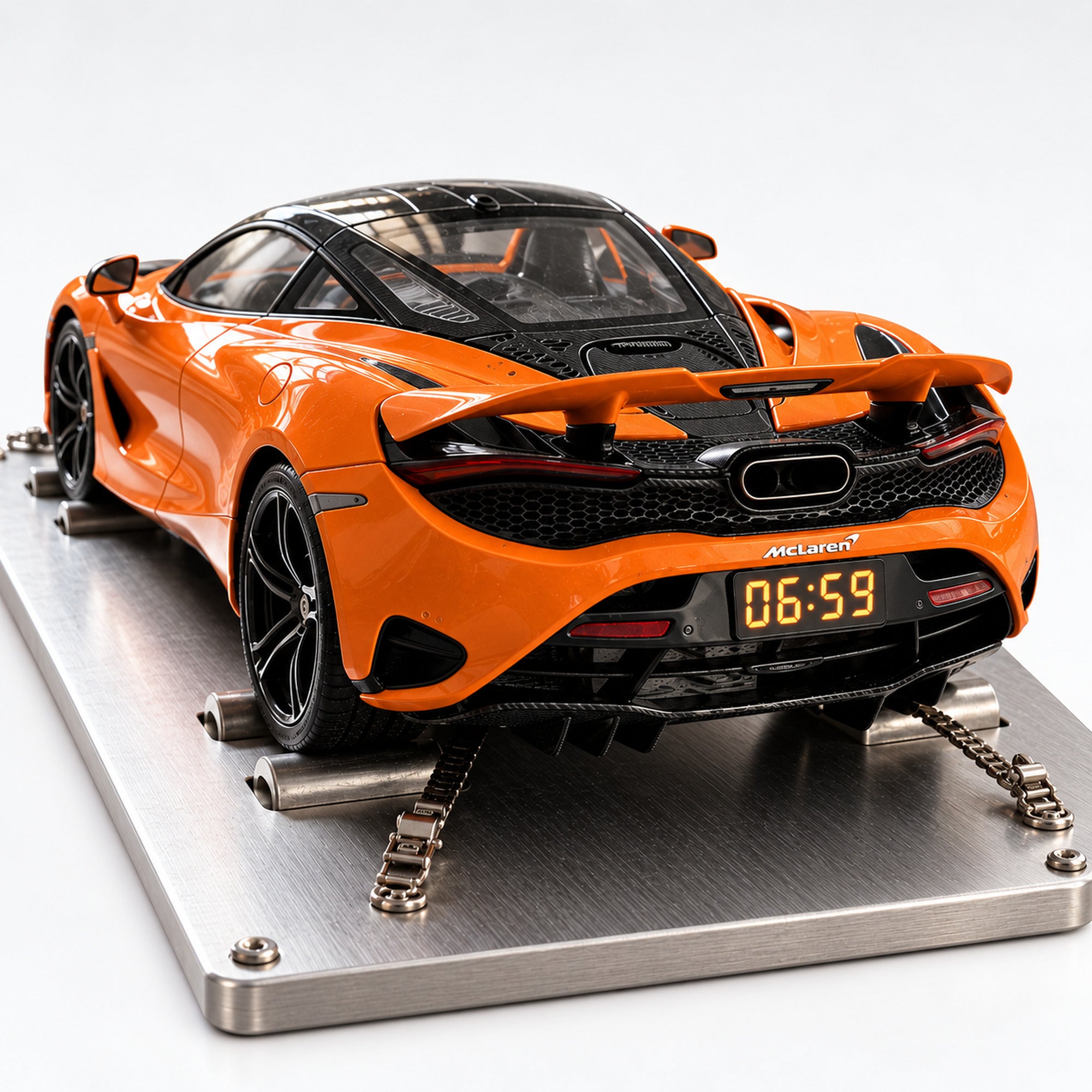 McLaren 750S supercar alarm clock in orange, lights off at 06:59