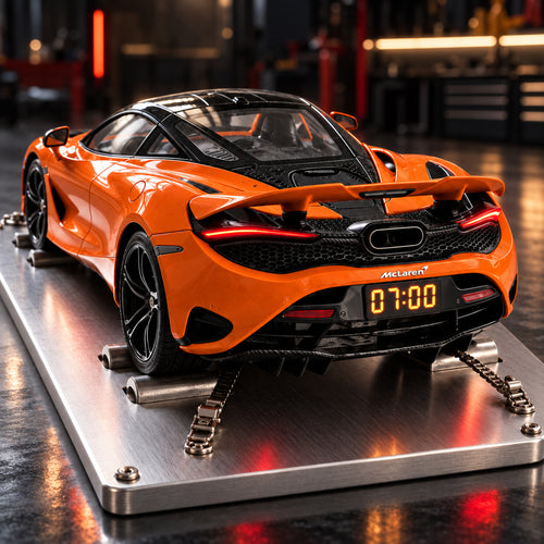 McLaren 750S supercar alarm clock with its taillights glowing at 07:00