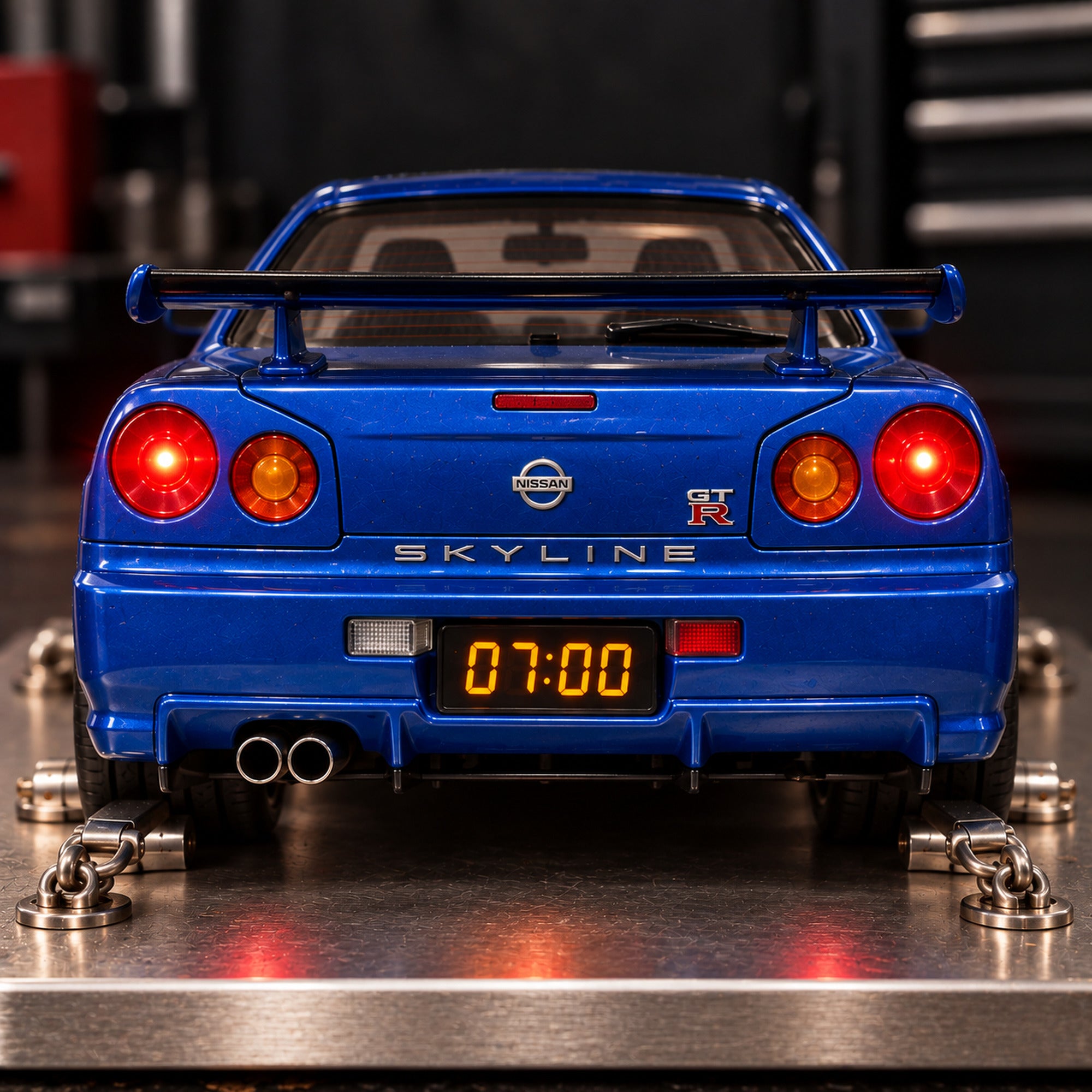 Close-up of the rear license plate reading 07:00